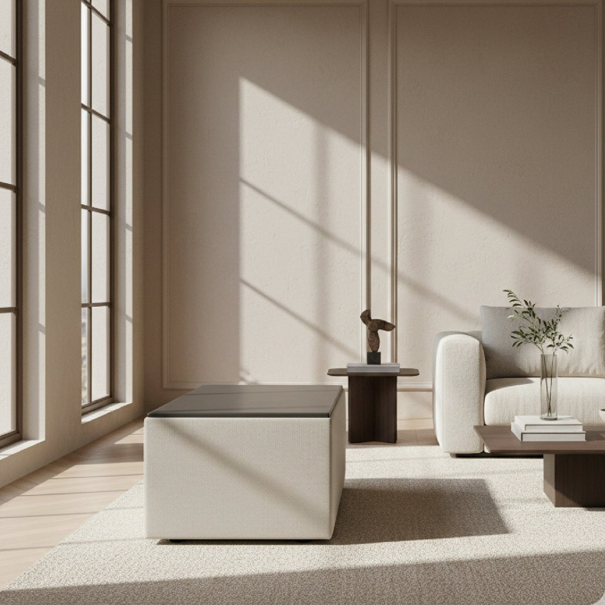 Gray Upholstered Console Table – Garman – angled view