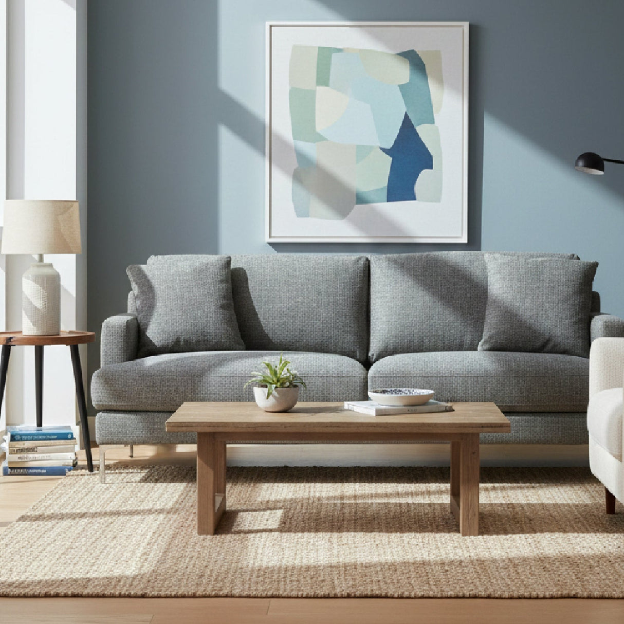 Square-Armed Gray Sofa – Janina – angled view