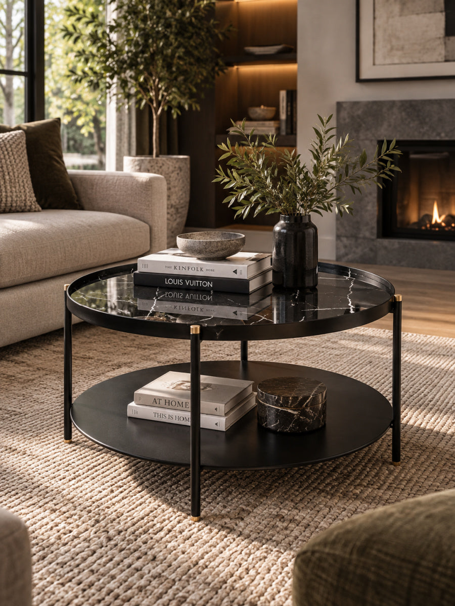 Black Marble 2-Tier Round Coffee Table | OROA Modern Randal