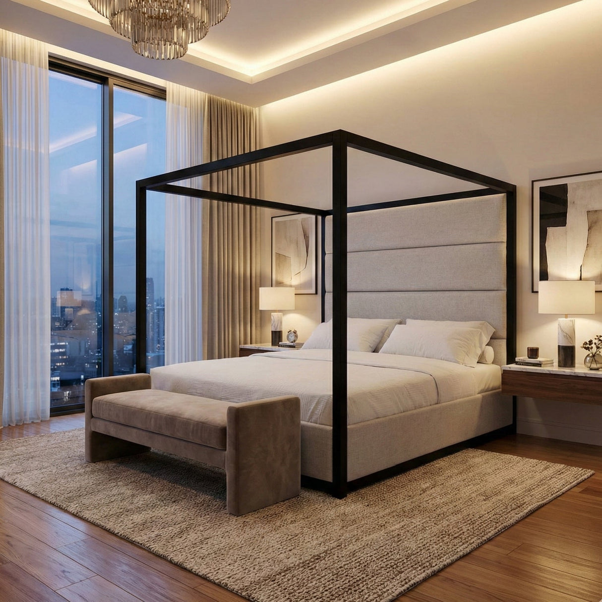 Gray Canopy Queen Bed – Manhattan – angled view