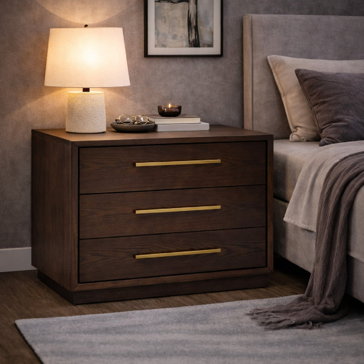 Brown Oak 3-Drawer Nightstand – Manhattan – angled view