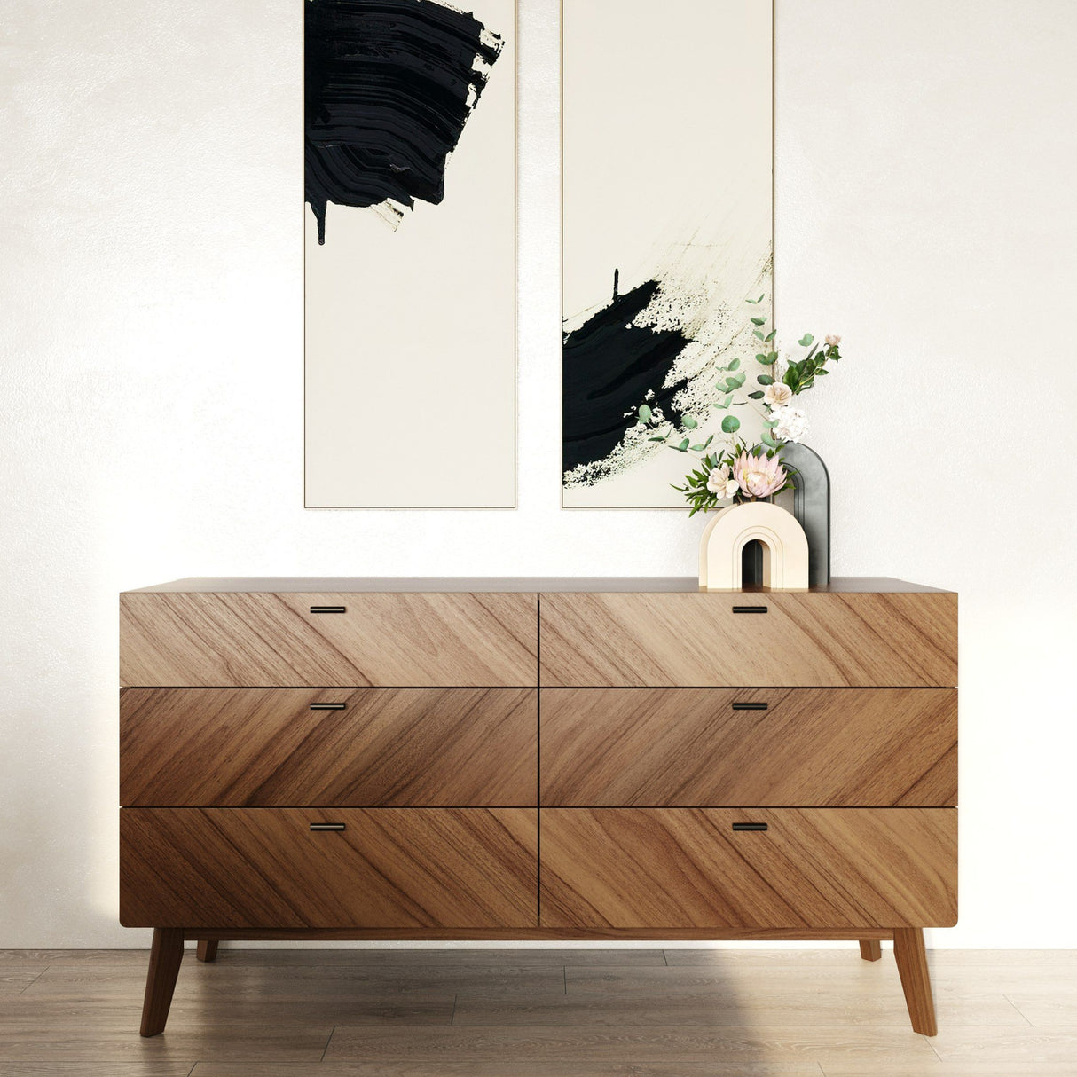 6-Drawer Walnut Veneer Dresser – Kamela – angled view
