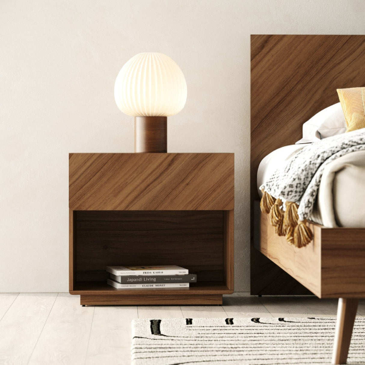 Walnut Veneer 1-Drawer Nightstand – Nova – angled view