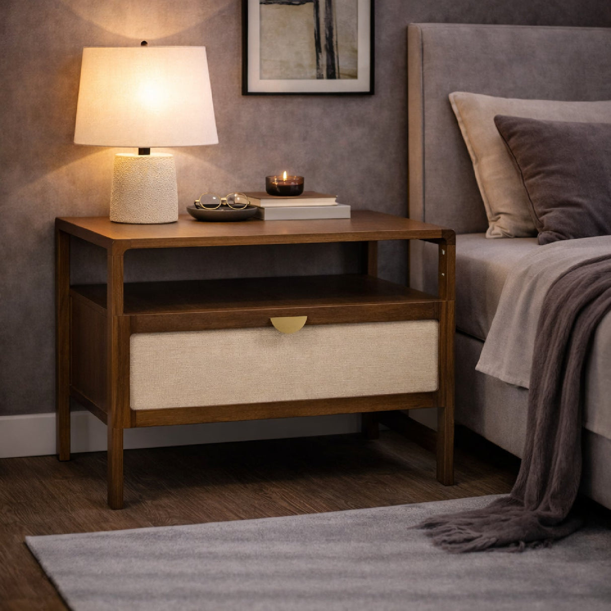 Natural Burlap Nightstand – Emilio – angled view