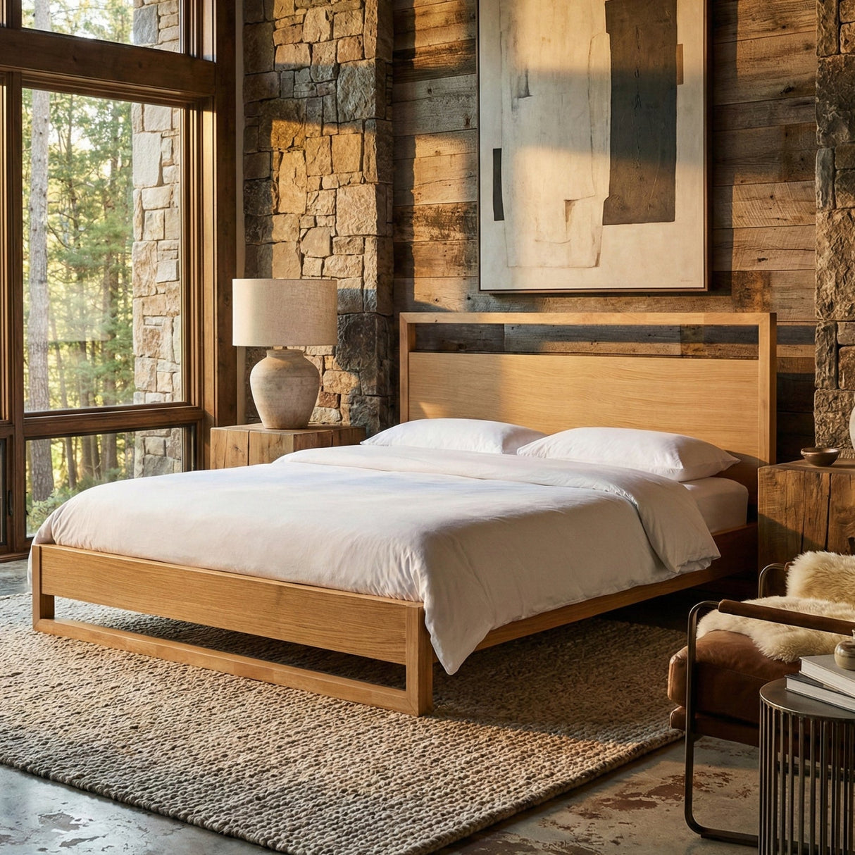 Natural Oak Minimalist Bed – Berlin – angled view
