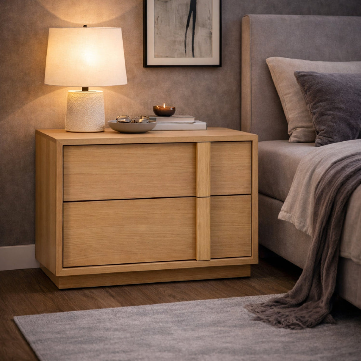 Warm Oak 2-Drawer Nightstand – Berlin – angled view