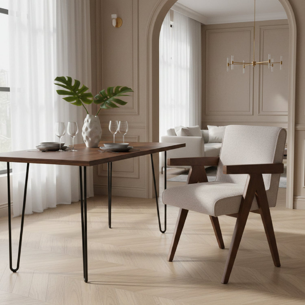 Walnut V-Leg Dining Chairs (2) – Joseline – angled view
