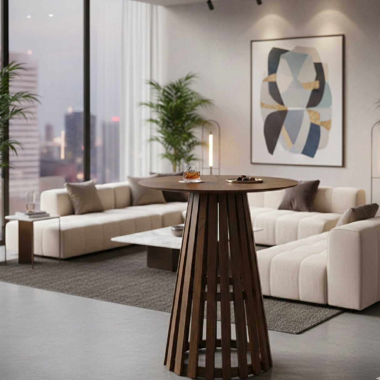 Round Walnut Bar Table – Weiss – angled view