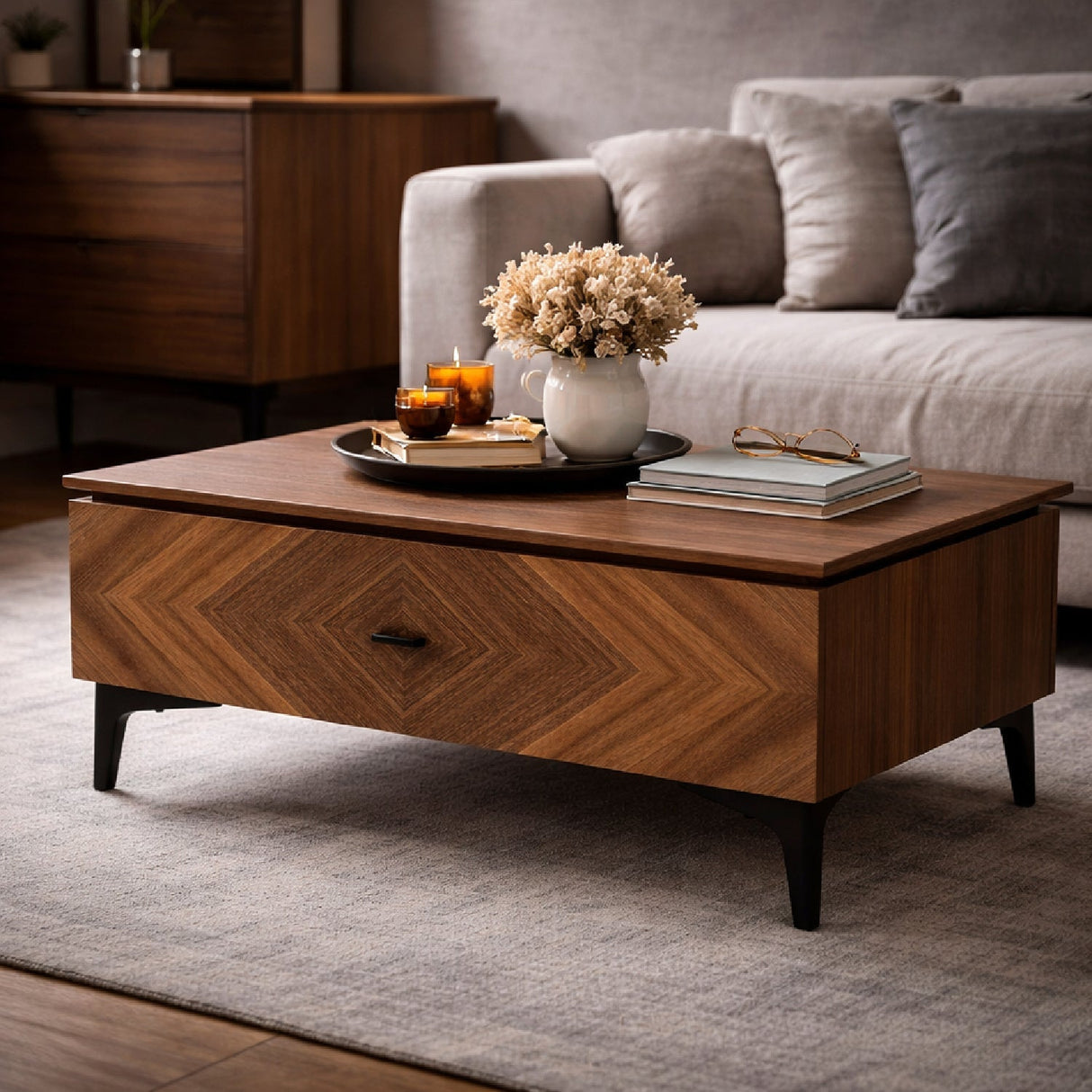 1-Drawer Walnut Veneer Nightstand – Paula – angled view