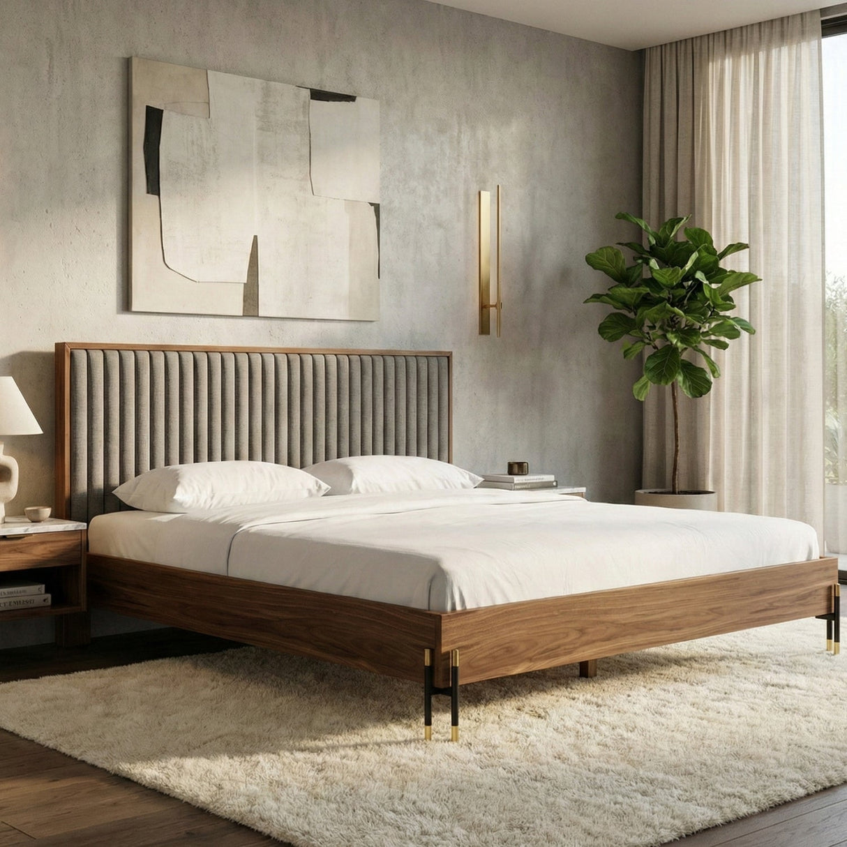 Gray Channeled Headboard Bed – Metcalf – angled view