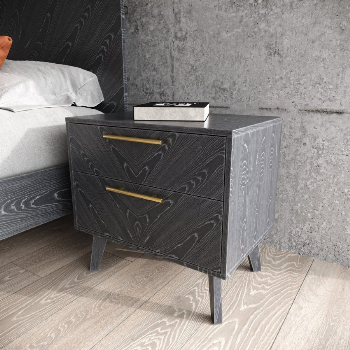 Gray Ash 2-Drawer Nightstand – Diana – angled view