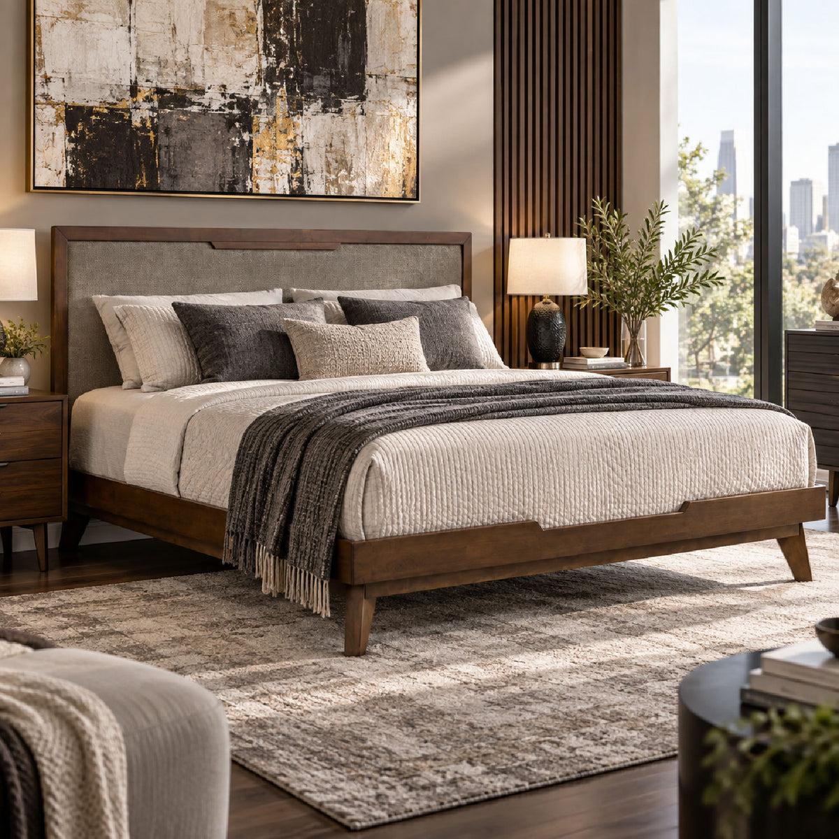 Gray Linen Headboard Bed | OROA Modern Soria