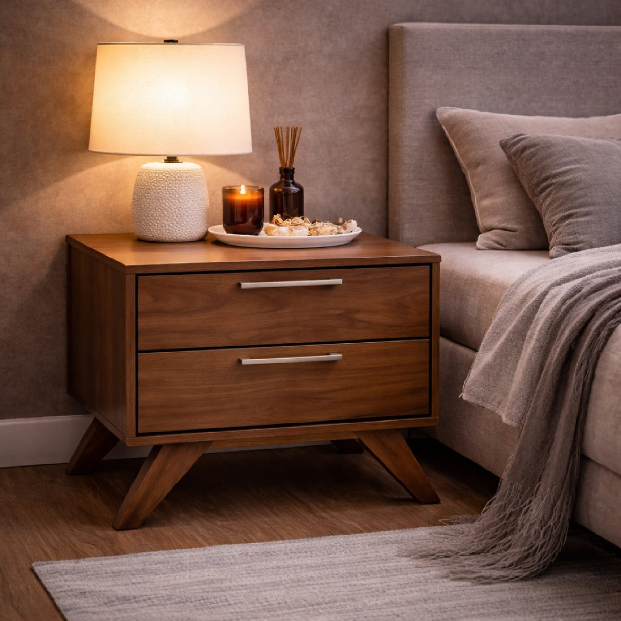 2-Drawer Walnut Nightstand – Soria – angled view