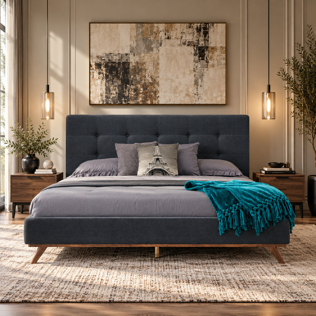 Modern European furniture - Gray Fabric Tufted Bed - www.oroa.com