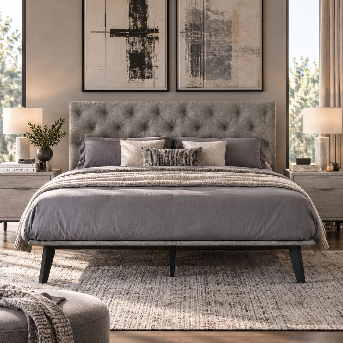Gray Tufted Super King Bed | OROA Modern Gibson