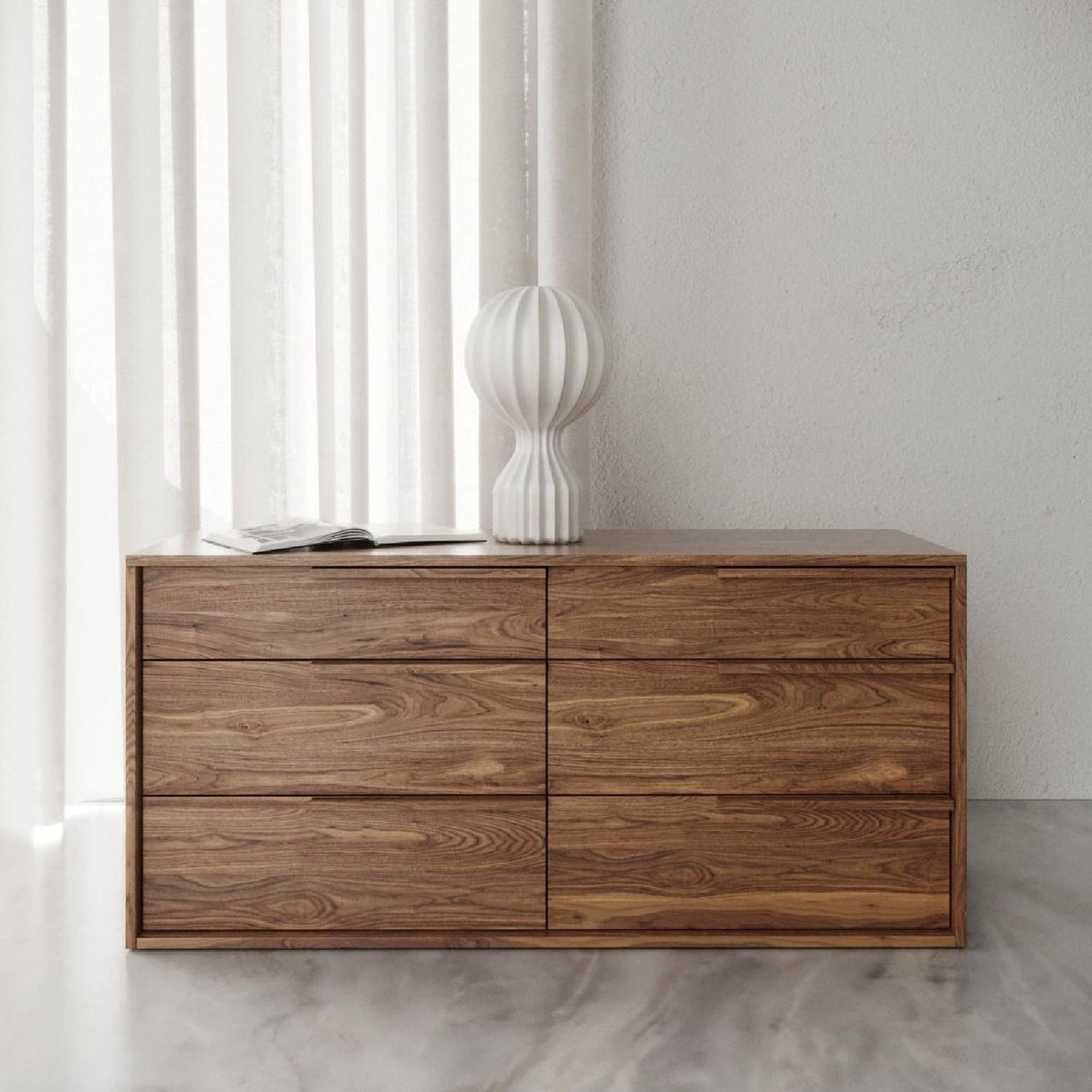 6-Drawer Walnut Veneer Dresser – Amberlie – angled view