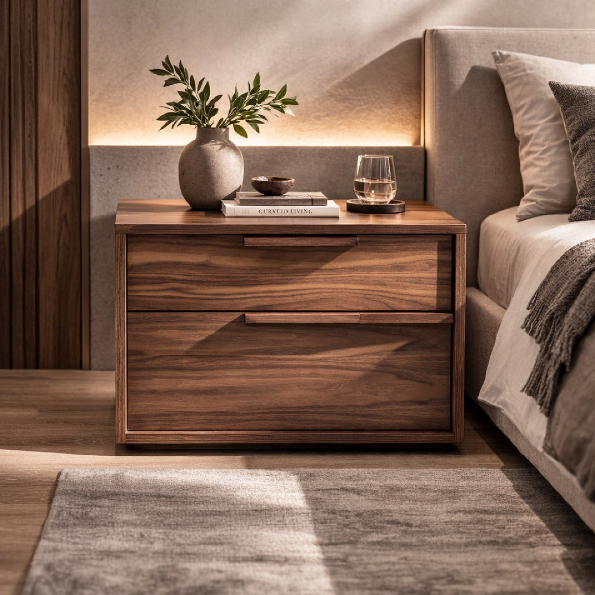 2-Drawer Walnut Veneer Nightstand – Amberlie – angled view