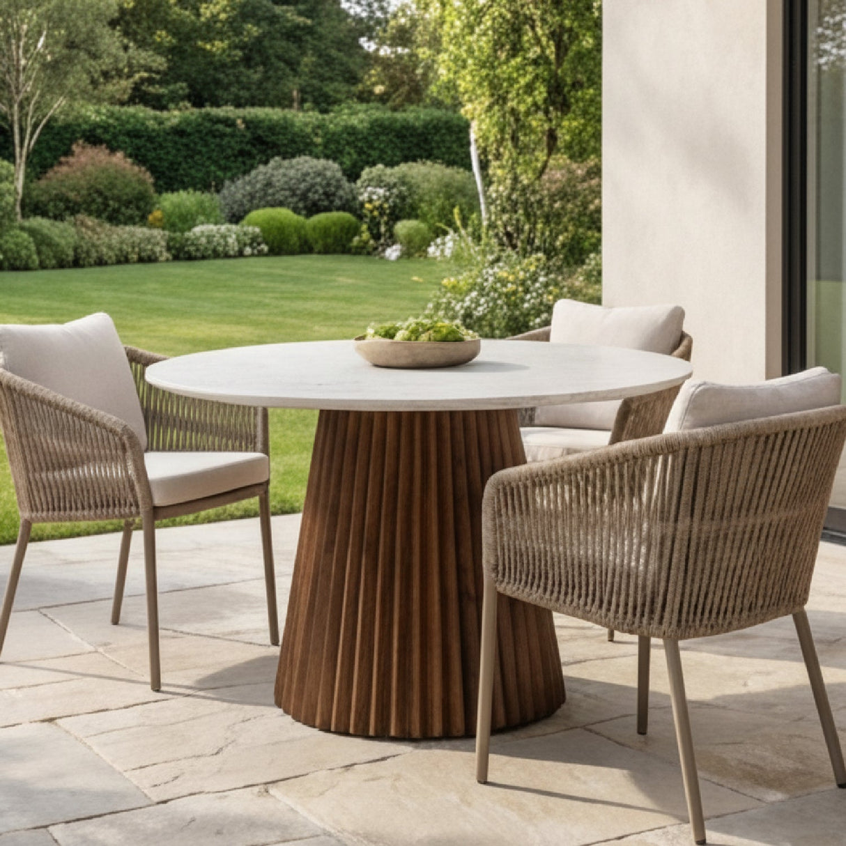 White Marble Round Dining Table – Nancy – angled view