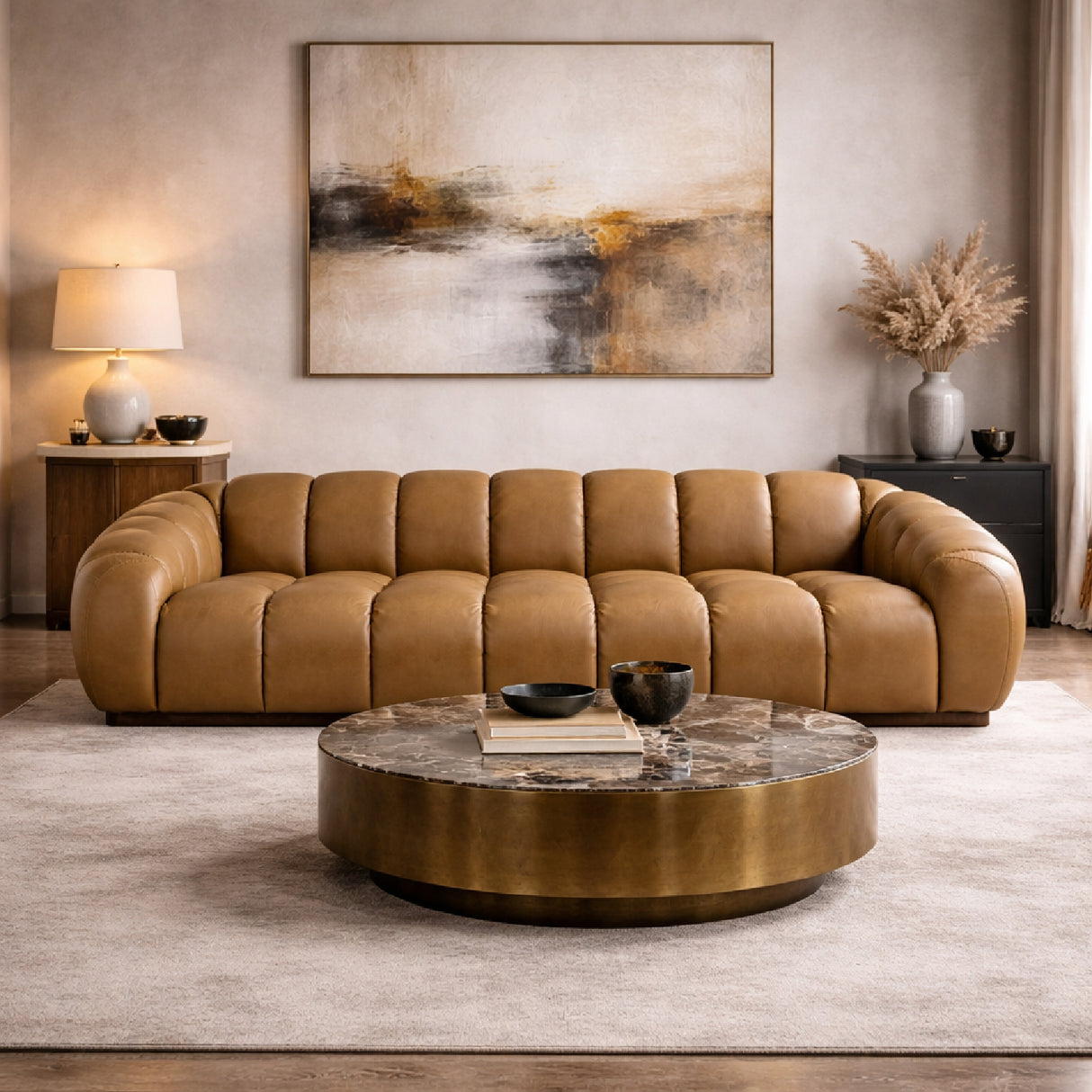 Tan Leather Sofa – Ekwok – angled view
