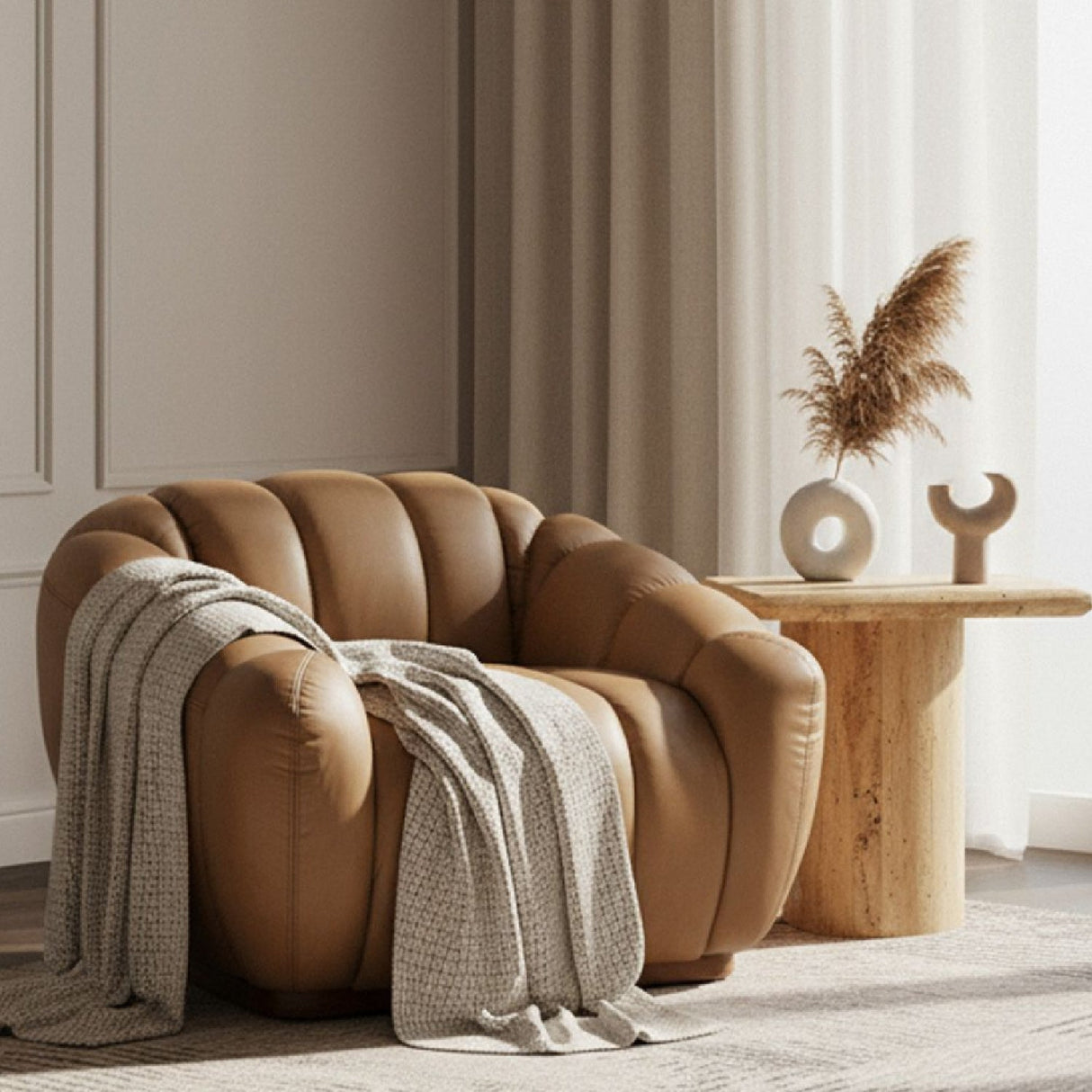 Tan Leather Lounge Chair – Ekwok – angled view