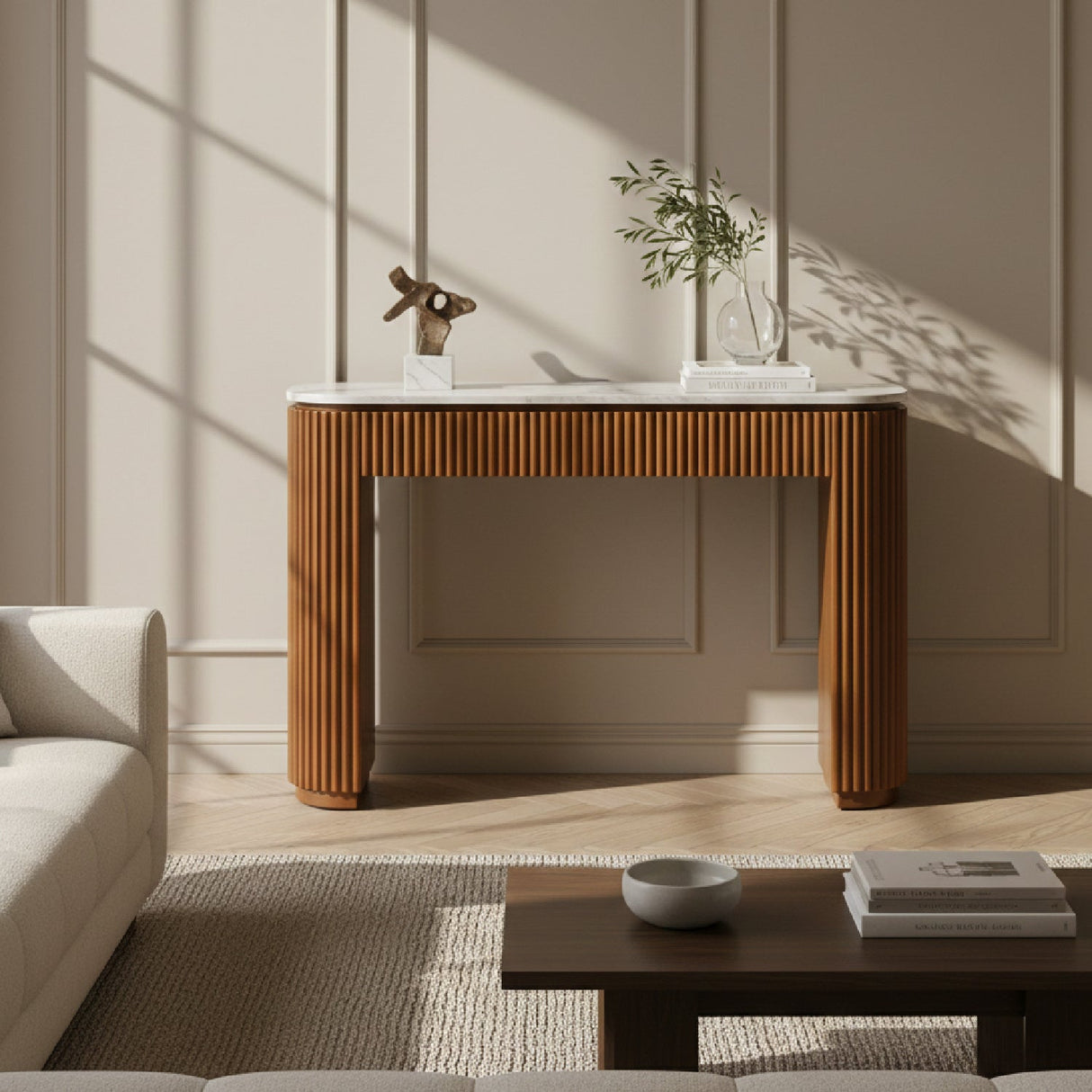 Fluted Wood Base Console Table – Duncan – angled view