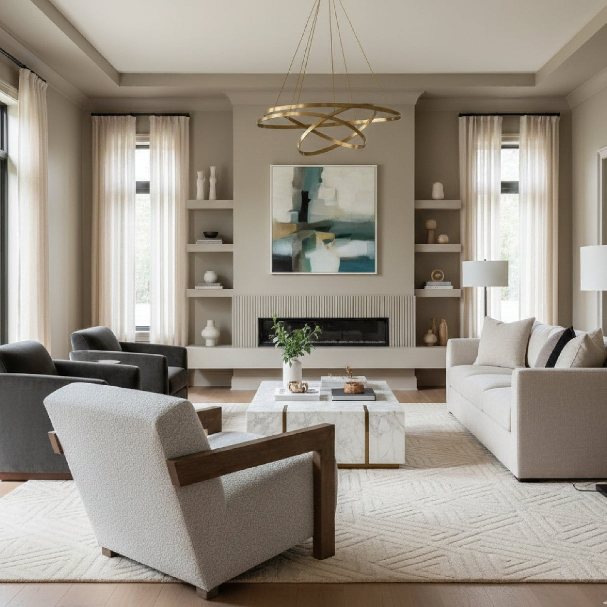 Oak-Framed Beige Accent Chair – Marchland – angled view