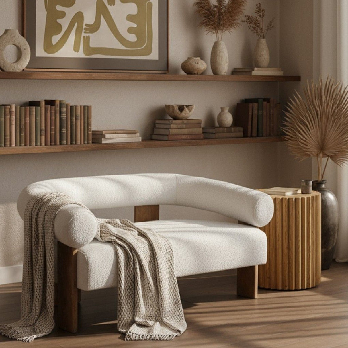 Oak-Framed White Loveseat – Aledo – angled view