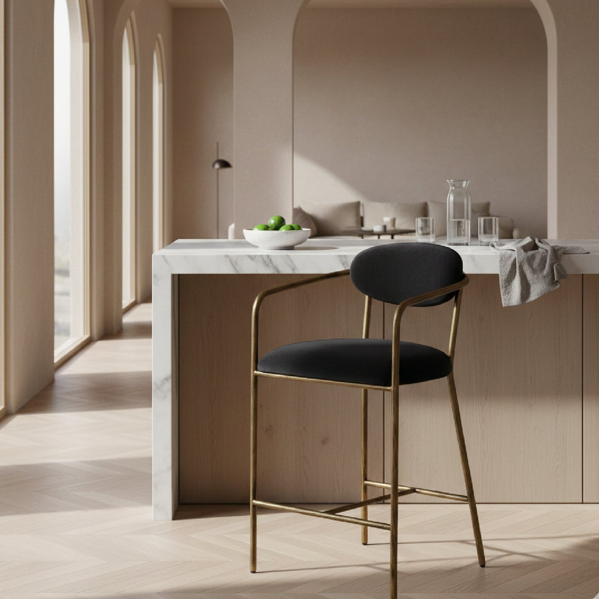 Gray Velvet Counter Chair – Baird – angled view