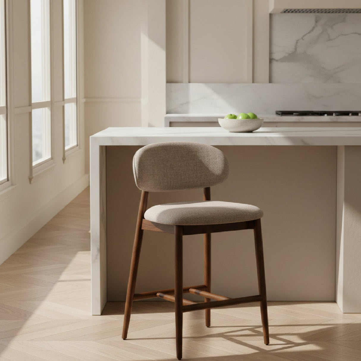 Beige Linen Counter Chair – Blum – angled view