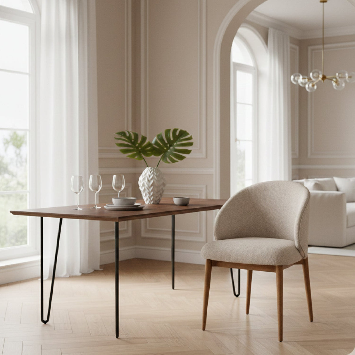 Beige Linen Dining Chair – Blum – angled view