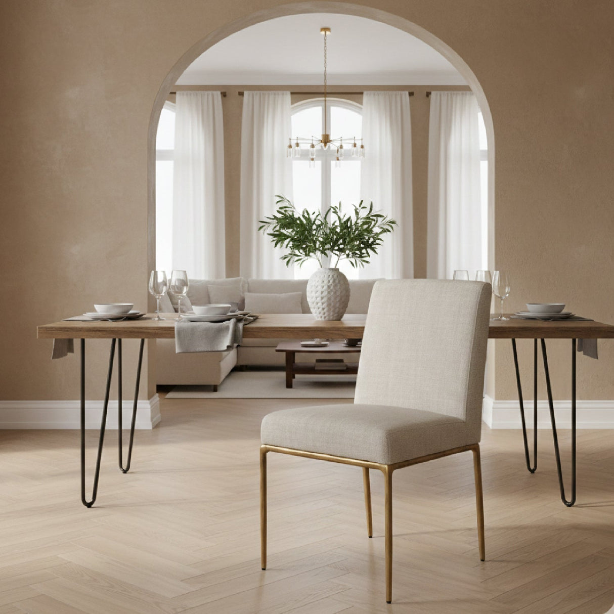 Linen Upholstered Dining Chair – Beasley – angled view
