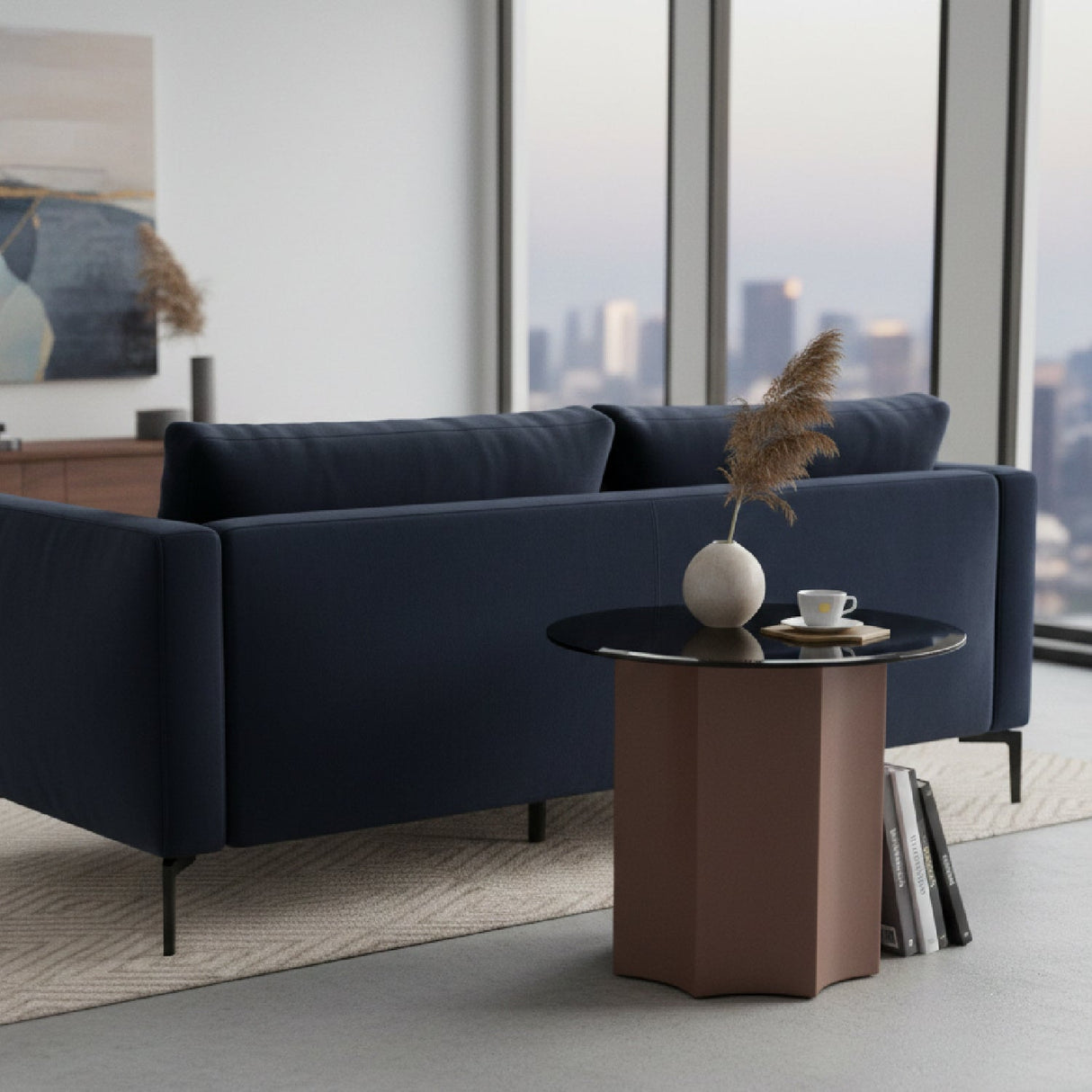 Black Mirror Round End Table – Ingram – angled view