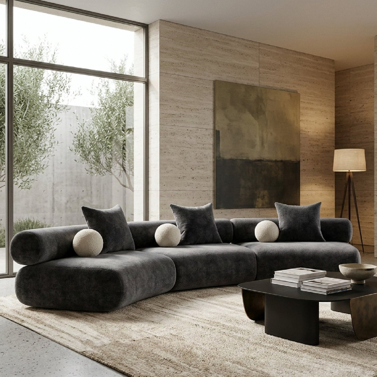 Gray Fabric Curved Sectional Sofa – Simpson – angled view