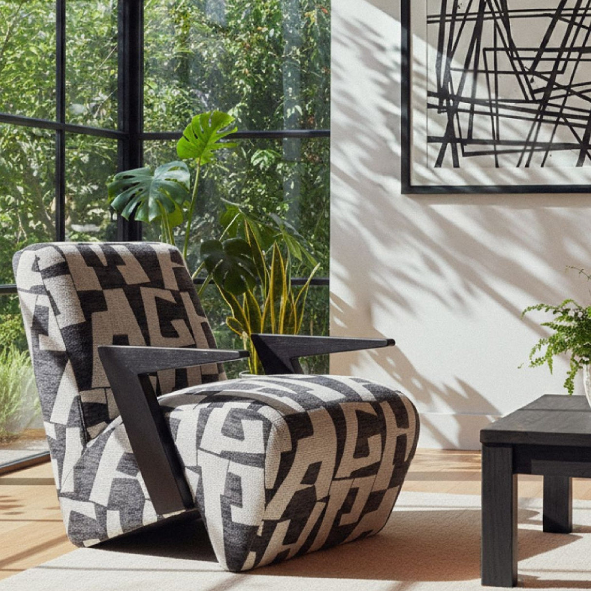 Black & White Patterned Accent Chair – Leana – angled view