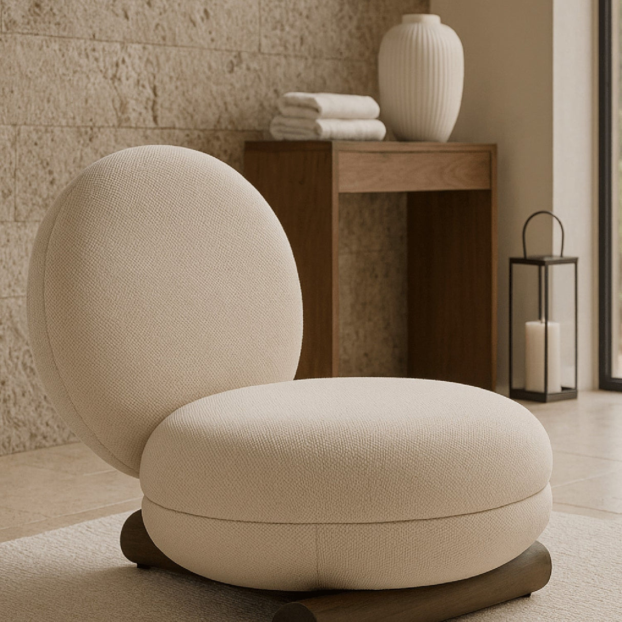 White Rounded Accent Chair – Minto – angled view