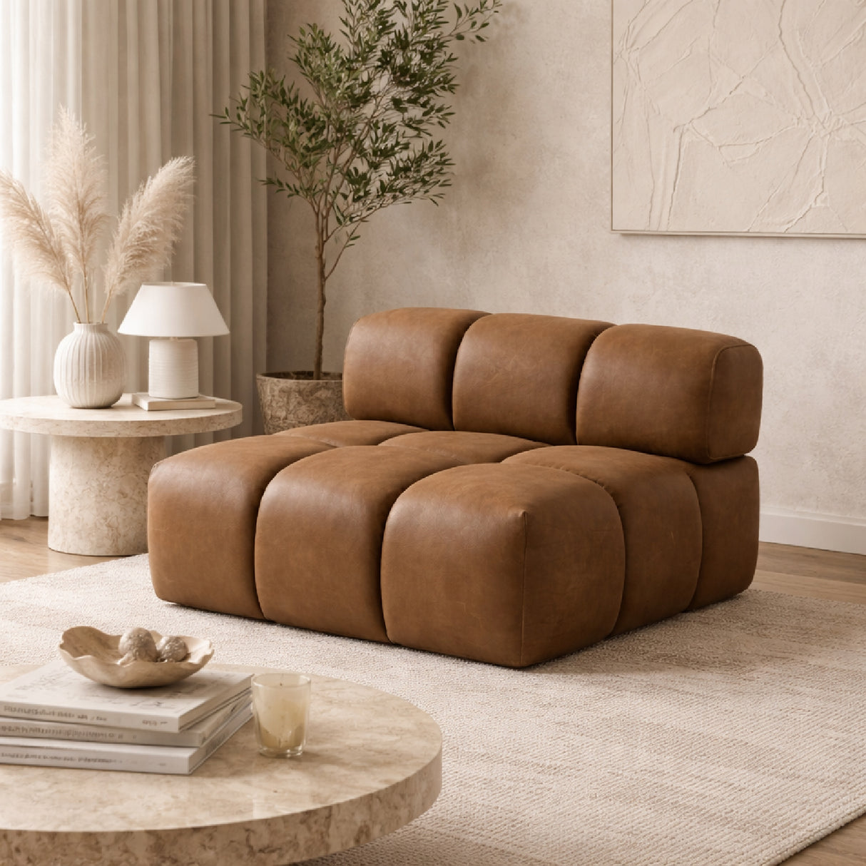 Brown Leather Armless Seat – Everest – angled view