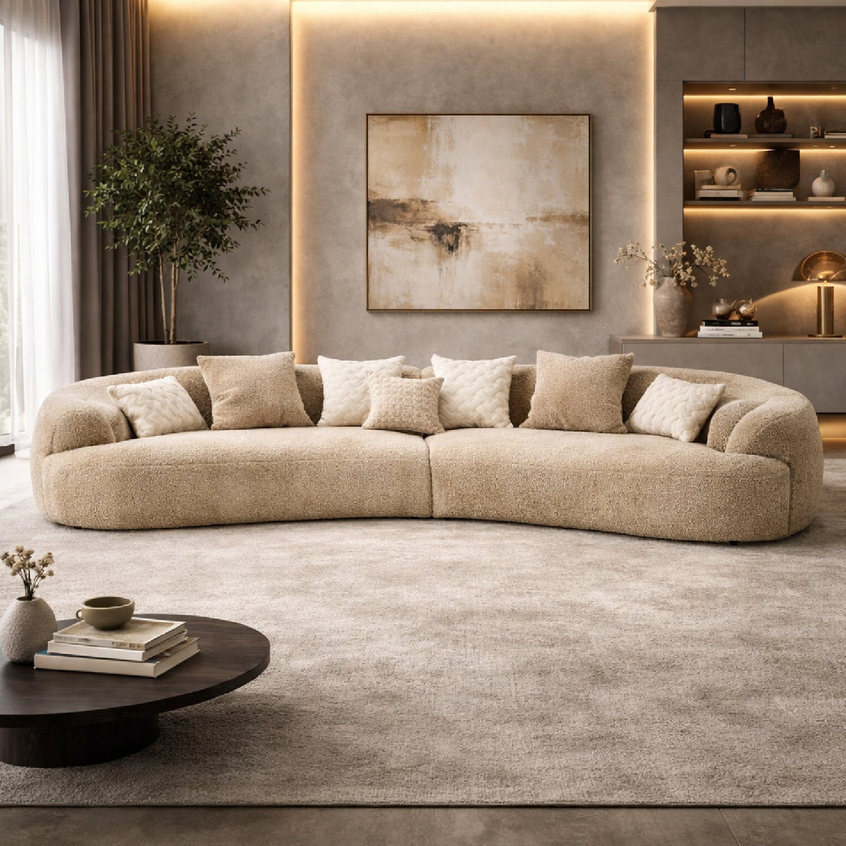 Tan Curved Sectional Sofa – Trevor – angled view