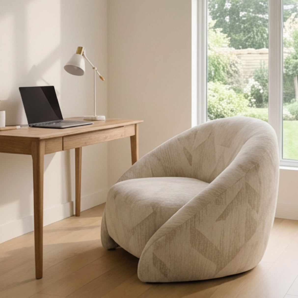 Beige Patterned Fabric Accent Chair – Gentle – angled view