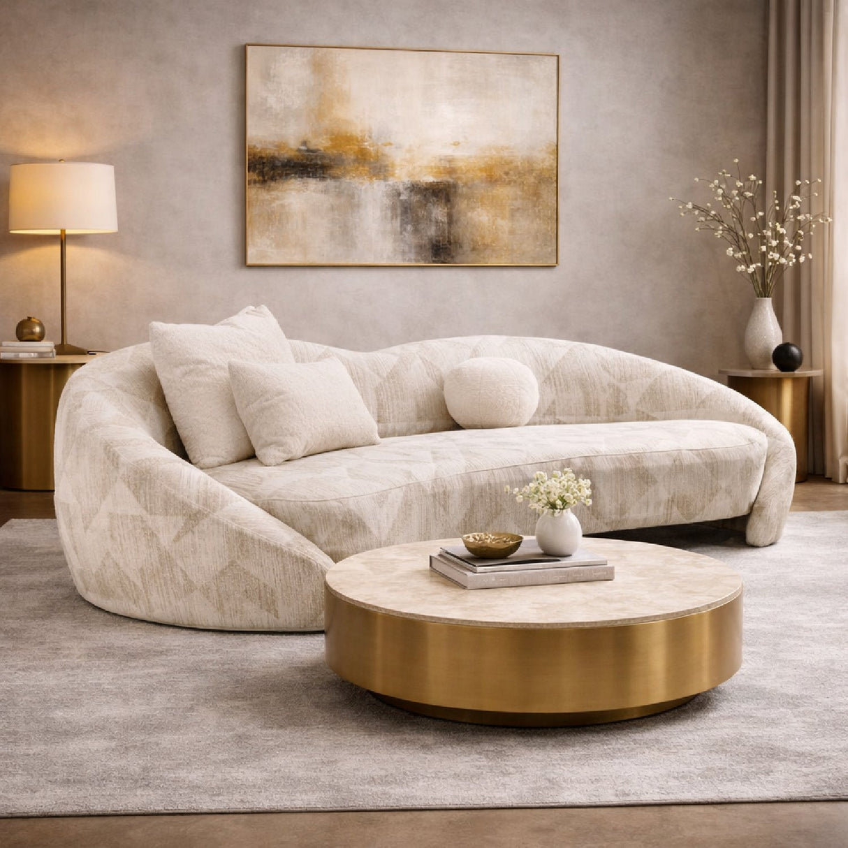 Beige Patterned Fabric Sofa – Gentle – angled view