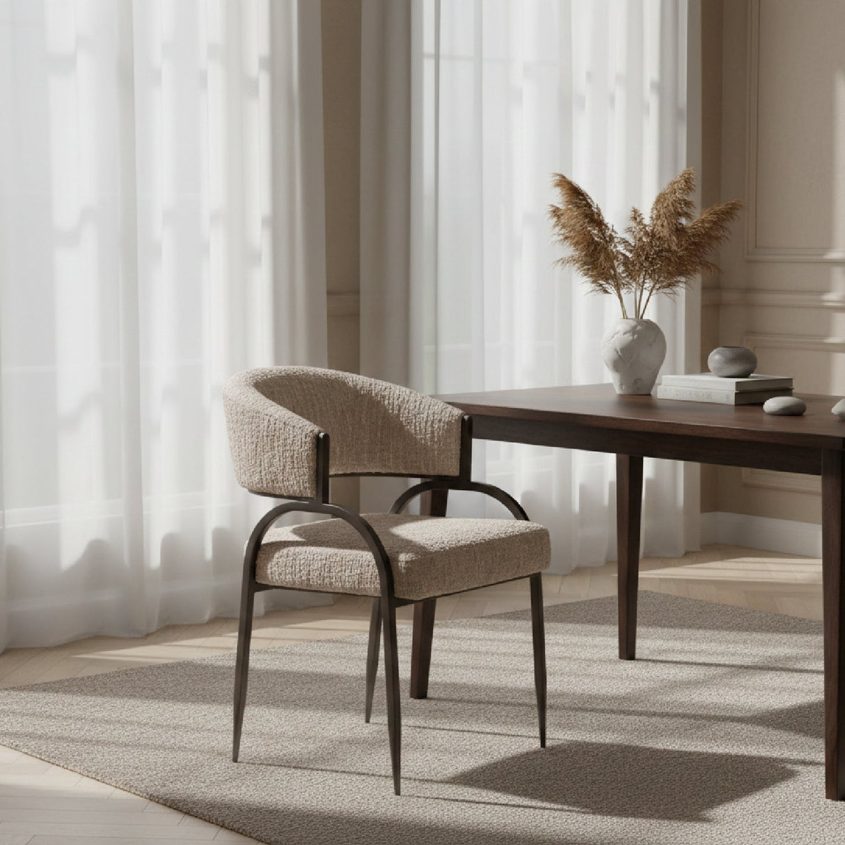 Beige Curved-Back Dining Chair – Kobe – angled view