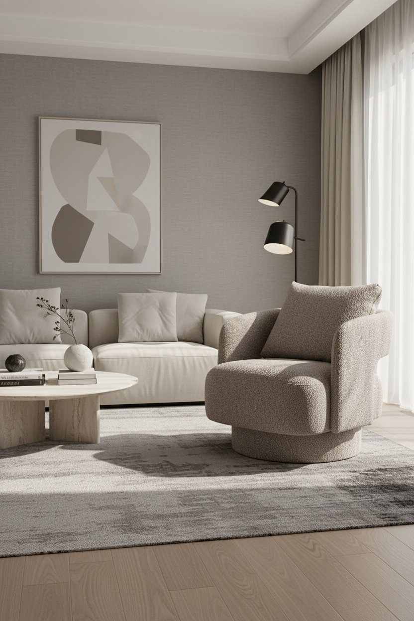 Modern living room with a beige sofa, armchair, and abstract art on the wall.
