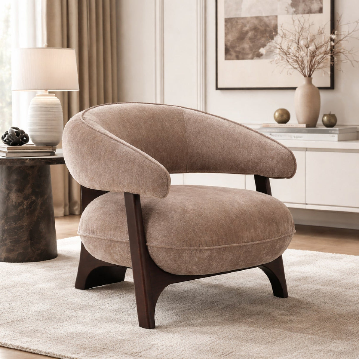 Tan Curved-Back Accent Chair | OROA Modern Kirby | Oroa.com