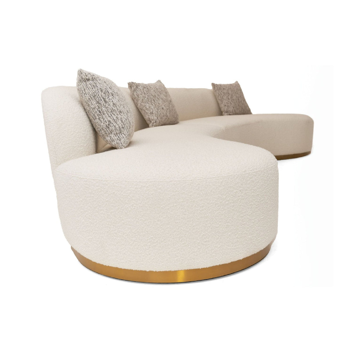 White Curved Sofa with Beige Pillows – Frontier – side view