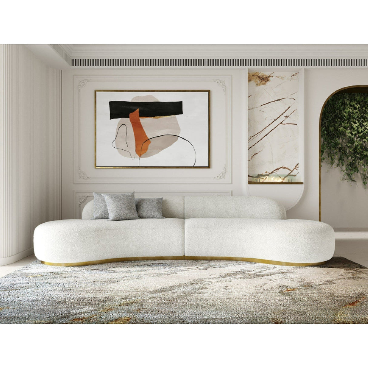 White Curved Sofa with Beige Pillows – Frontier – alternate view 5