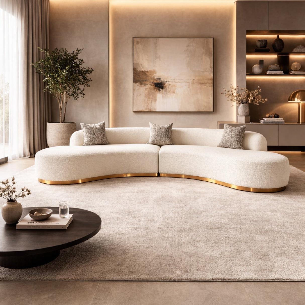 White Curved Sofa with Beige Pillows – Frontier – angled view