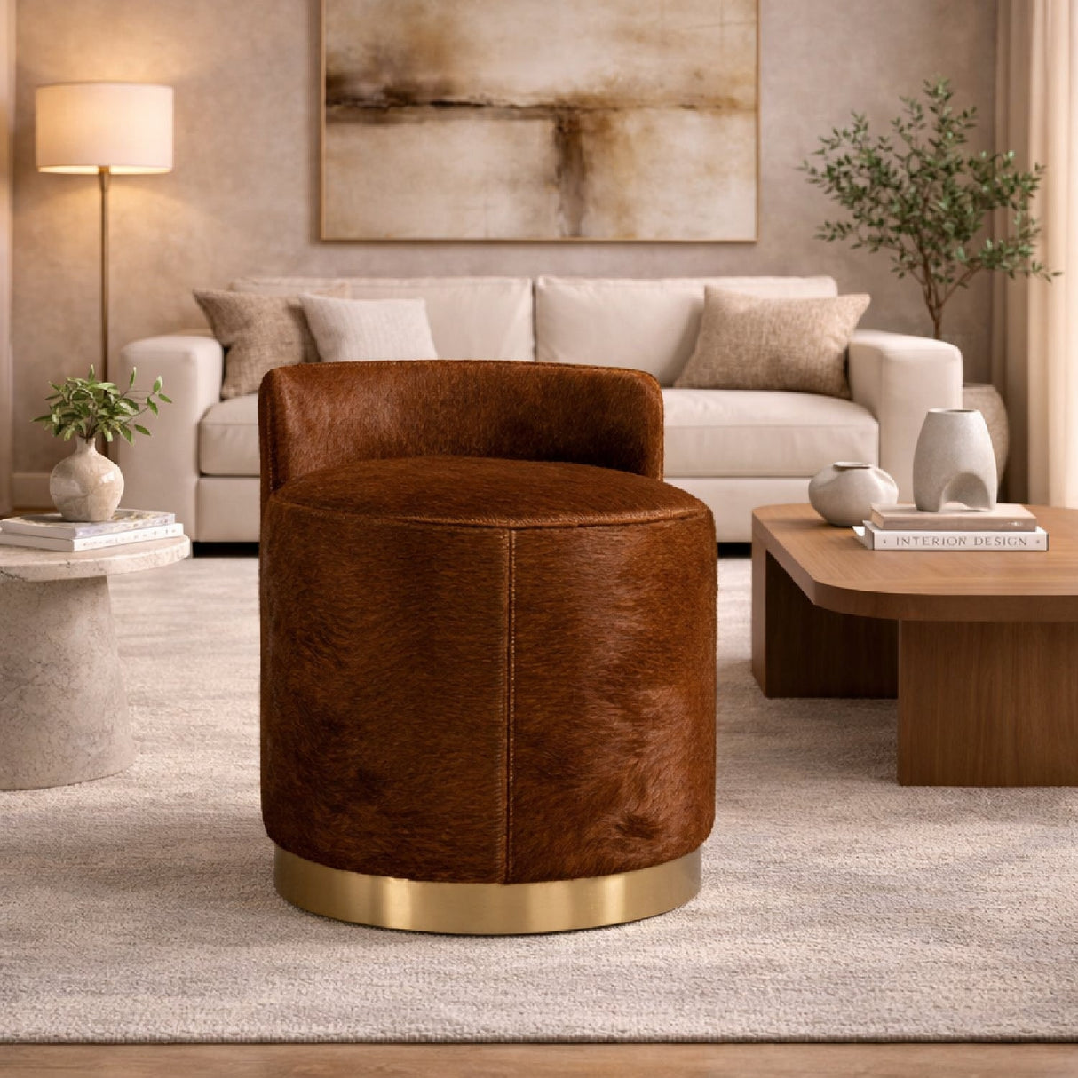 Brown Cowhide Leather Ottoman – Belvista – angled view