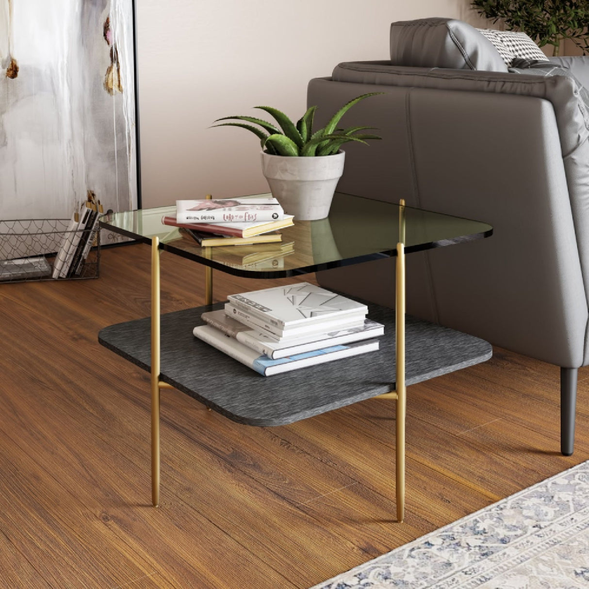 Gold-Framed Glass End Table – Cari – angled view
