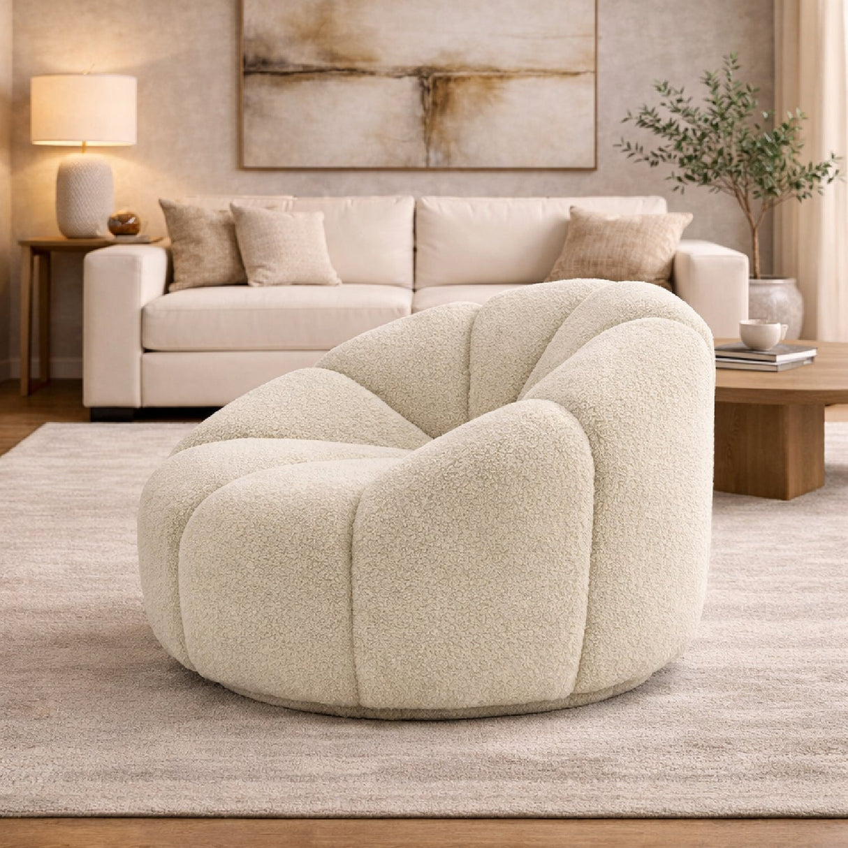 White Sherpa Tufted Swivel Chair – Vera – angled view
