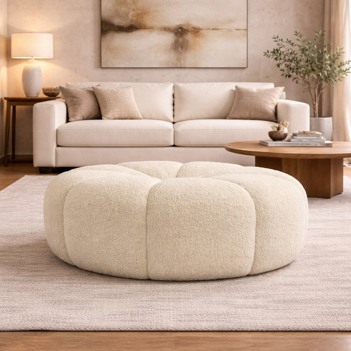 Central-Tufted White Sherpa Ottoman – Gadson – angled view