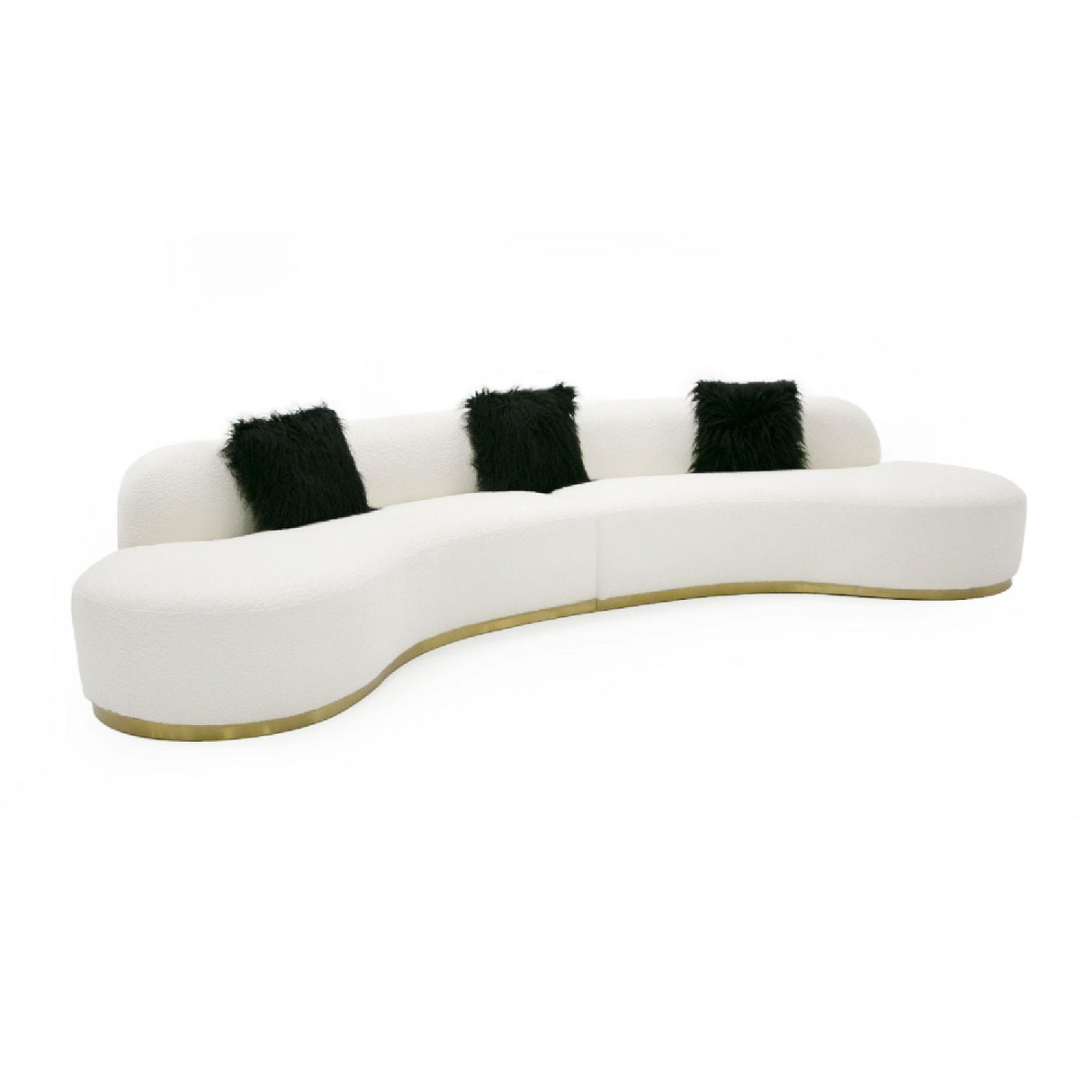 White Curved Sofa with Black Pillows – Frontier – side view